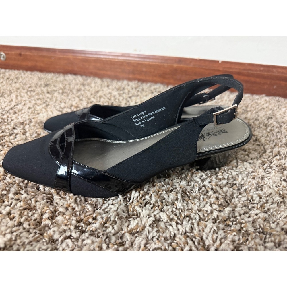 Coach and Four‎ Womens Black Fabric Patent Trim Slingback Wedge Heels Size 8.5